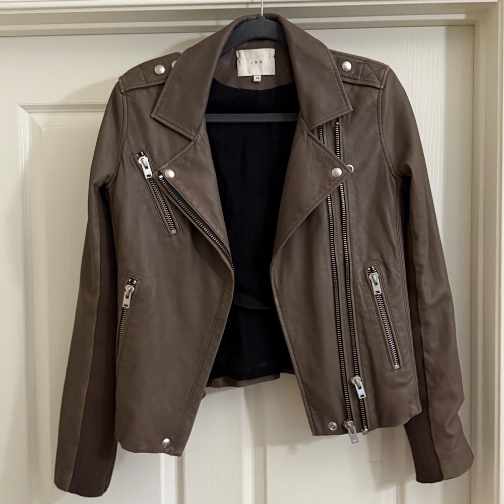 IRO Chocolate Brown 100% Lamb Leather Jacket with Silver Zipper Detailing NWOT
